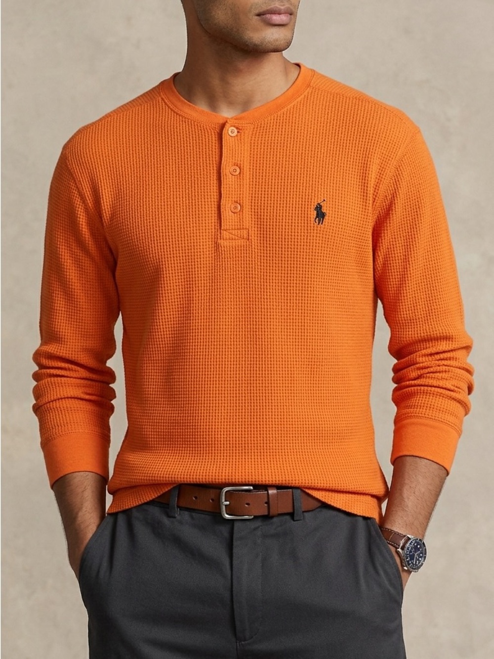 🐅 Polo Ralph Lauren Waffle Knit Henley Long Sleeve Shirt ~ Burnt Orange